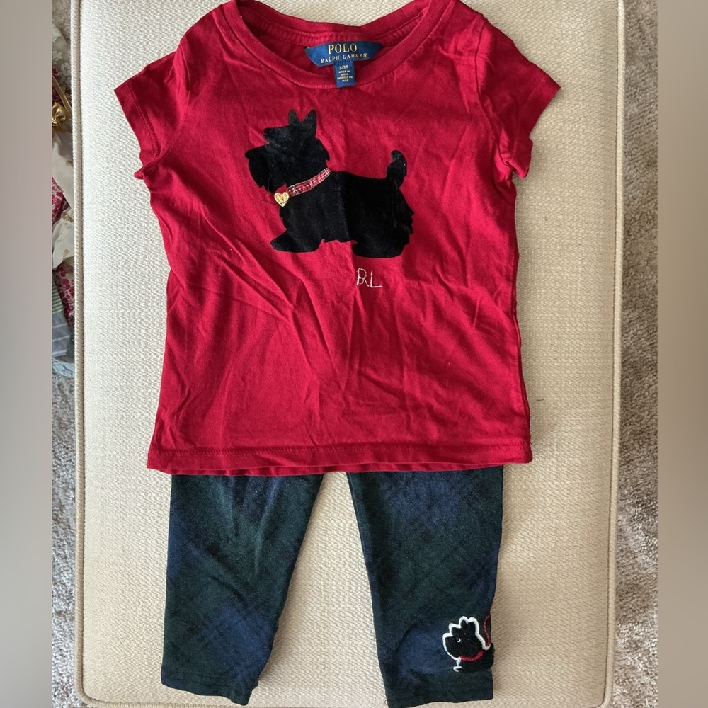 Polo Ralph Lauren girls 3T Red Dog Tee and Plaid Leggings Set